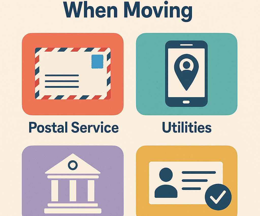Informational graphic showing where and how to update your address when moving, including icons for USPS, DMV, banks, and utilities, with brief instructions under each.