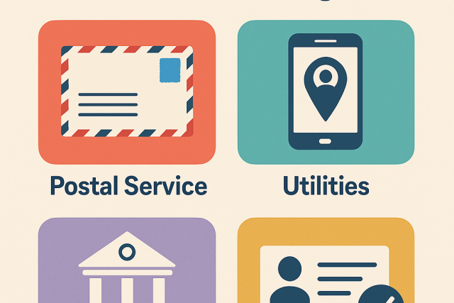 Informational graphic showing where and how to update your address when moving, including icons for USPS, DMV, banks, and utilities, with brief instructions under each.