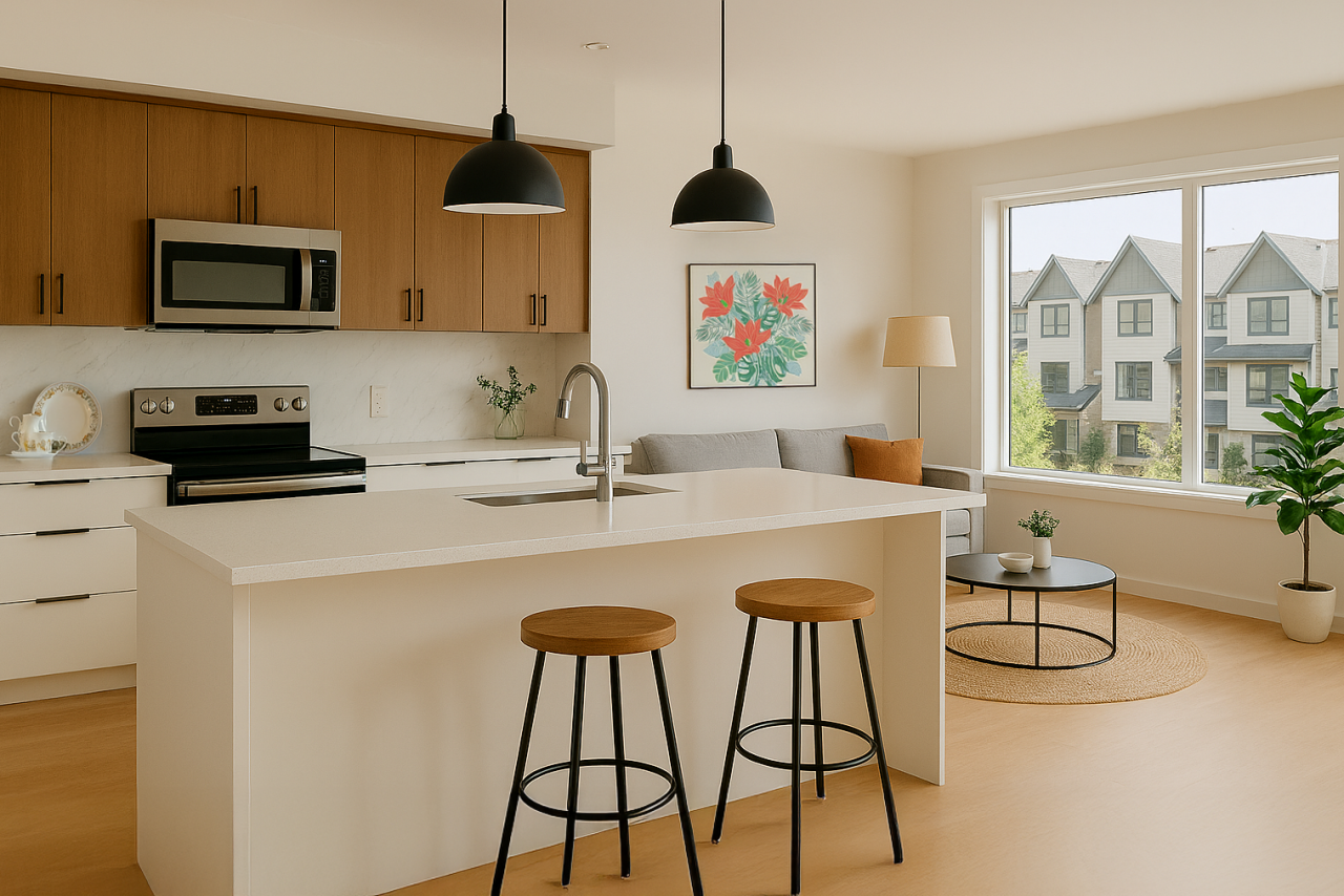 A Modern condo interior featuring a bright kitchen
